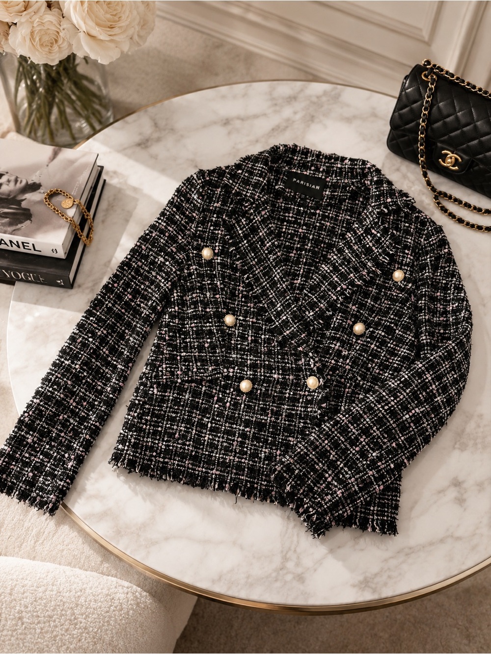 Parisian Works Black & White Tweed Double-Breasted Blazer with Pearl Buttons